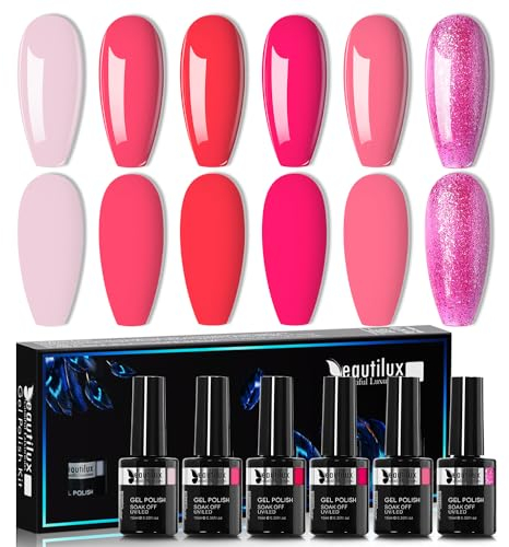 Beautilux Vernis Semi Permanent Rose, 6 Couleurs 10ml Cerise Paillettes Vernis Semi-permanent, Vernis à Ongles Gel UV Gel Soak Off Manucure Nail Art Kit (Série Rose Foncé)