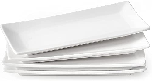 LIFVER Platos de Vajillas, 4 Platos Rectangulares de Cerámicas Blancos, 10 Vajillas Modernas para Navidad, Cena, Fiestas, Postres, Aperitivos Lavavajillas y Microondas