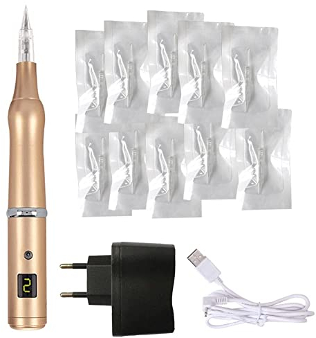 MTSM Kabellos Permanent Make-up Maschine Stift Rotary Machine Tätowierungsstift Augenbrauen Microblading Pen Set 10 Stück Tattoo Nadeln für Microblading Shading Eyeliner Lip A657 (Golden)