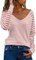 Dokotoo Damen Oberteile Streifen Mesh Langarmshirt Casual V-Ausschnitt Bluse Shirt Tops, rosa, M