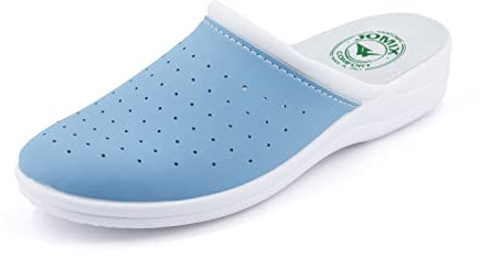 JOMIX Orthopädische Sandalen Damen Clogs Pantoletten Berufsschuhe Kochschuhe Bequeme Sanitär-Clogs Medizinische Gartenschuhe Leder Fußbett (01 Himmelblau, 38 EU)