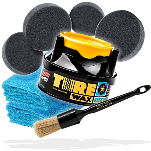detailmate Pacchetto Premium per la cura dei pneumatici e della plastica | Soft99 Tire Black Wax 170 g + Nuke Guys Detailing Brush + 4 tamponi applicatori + 2 panni in microfibra | cera per pneumatici