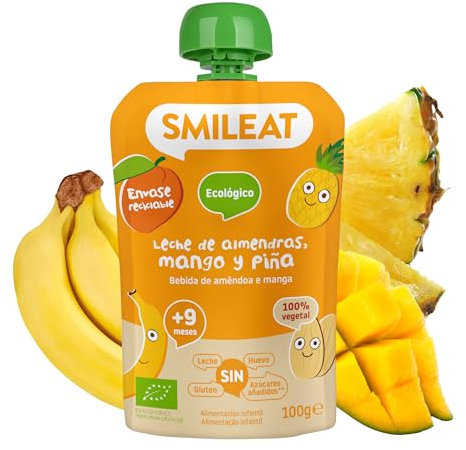 Smileat - Pouch de Frutas Ecológicas - Sin Sal ni Azúcar Añadido, Sin Gluten - Snack Práctico para Peques - Sabor a Leche de Almendras, Mango y Piña