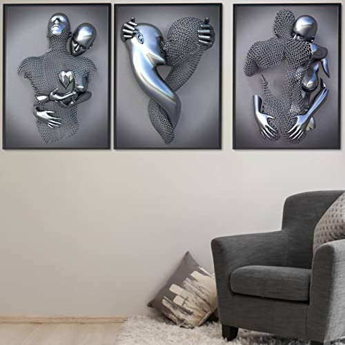 3D Metallfigur Statue Kunst Liebe Herz Bilder Wandkunst Deko, 3 Stück Abstrakte Metallfigur Skulptur Leinwand Malerei, Kunst Modern Poster Für Zuhause, Wanddekoration, Kein Rahmen (Grau 40x60cm)