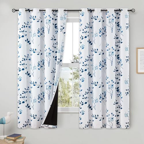 Beauoop Navy Blue Floral Blackout Curtains for Bedroom Living Room 54 Inch Drop Leaf Print Eyelet Curtain Botanical Thermal Insulated Noise Reducing Drapes Window Treatment Sets 2 Panels