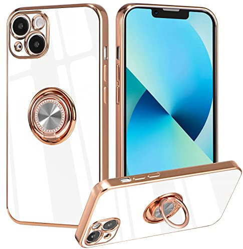 ZCDAYE iPhone 13 Case with Magnetic Ring Holder Stand, Gold Edge Electroplated Soft TPU Shockproof Case Cover - White