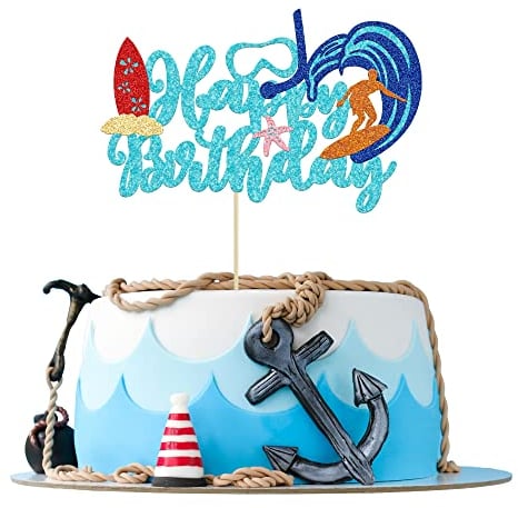 Gyufise 1Pc Summer Happy Birthday Cake Topper Blue Glitter Summer Pool Swimming Surfing Cake Decoration for Summer Holiday Beach Pool Party Decoration Supplies