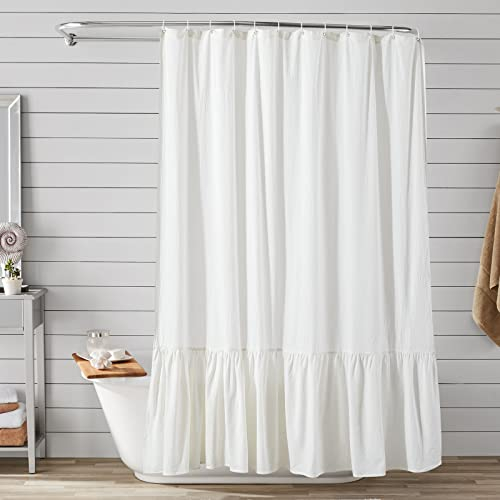 Estmy Shabby Chic weißer Bauernhaus-Duschvorhang aus Baumwolle, extra lang, wasserabweisend, 183x198 cm, Rüschen, französisches Landhaus, Bauernhaus, Badezimmerdekoration
