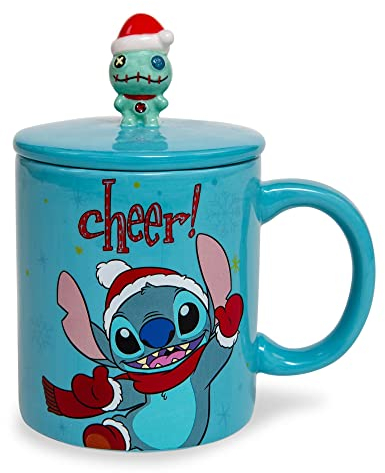Disney Lilo & Stitch Holiday Cheer - Taza de cerámica con tapa, taza de café grande para espresso, cafeína, té