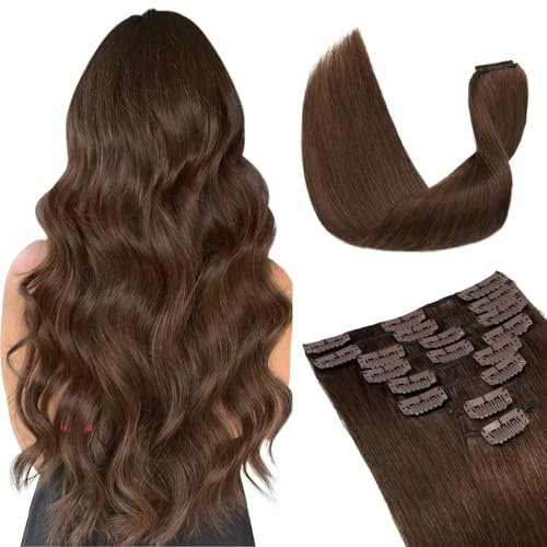 TESS Clip in Extensions Echthaar, 8pcs Clip in Haarverlängerung Remy Echt Haare Natürliche 18 Clips 8 Tressen Clip in Extensions Human Hair 60g 35 cm Braun