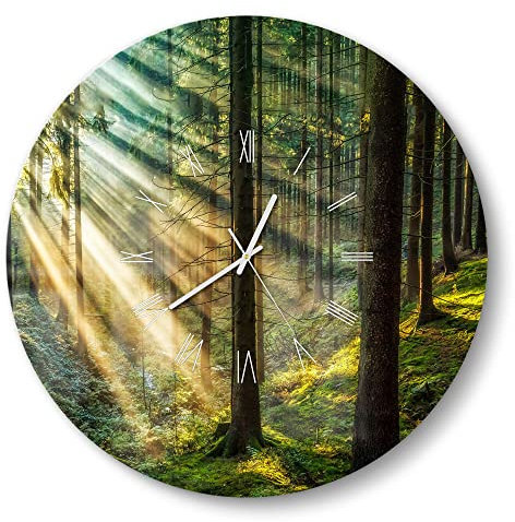 DEQORI Glasuhr | rund Ø 50 cm | Motiv Licht durchbricht Bäume | große XXL Design Uhr aus Glas | leise Wanduhr für Wohnzimmer & Küche | Moderne Hingucker Uhr für die Wand