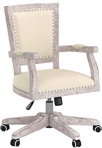 vidaXL Bürostuhl Drehbar, Computerstuhl mit Holzbeinen Armlehne, Schreibtischstuhl Höhenverstellbar, Drehstuhl, Französischer Vintage Stil, Leinen