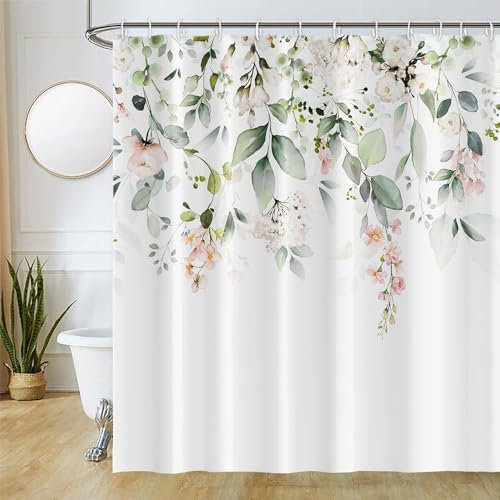 Duschvorhang Eukalyptus, Uiiooazy Duschvorhang Grün Blätter Blumen Rosa Duschvorhäng Anti Schimmel Wasserabweisend Polyester Stoff Waschbar Blickdicht Badvorhang mit 12 Haken für Badewanne 200Bx180Hcm