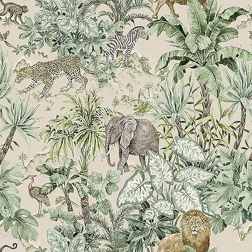 Safari Green Wallpaper - Animal Print Zebra Monkey Lion Elephant Leopard - Tropical Jungle Botanical Leaf - Feature Wall
