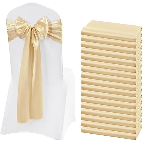 Teruntrue 50 Stück Champagner Gold Satin Stuhlschärpen Stuhl Dekorative Schleife Entworfene Stuhlhussen Stuhlschärpen für Hochzeitsempfang Party Hotel Zuhause Küche Dekoration (Champagner Gold)