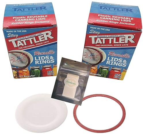 Reusable Canning Lids Bundle Includes 24 Regular Mouth Tattler Lids and Rings and 24 Dissolvable Sunivale Jar Labels For Use With Hot Water Bath, Vacuum Sealer and Pressure Canning Methods Made in USA