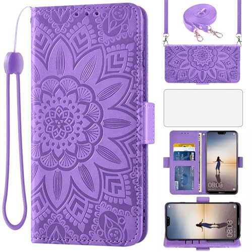 Asuwish Funda para Huawei P20 Lite con Cuerda y Cristal Templado Protector de Pantalla Soporte Tarjetero Cuero Libro Cartera Carcasa Hawaii P 20 P20lite 20P ANE-LX1 Nova 3E Phone Cover Case Morado