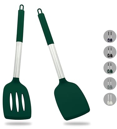 ZAIGON 2er Set Robuste, Antihaftbeschichtete Silikon Pfannenwender - Hitzebeständig und BPA-frei - Ideales Kochutensil für Fisch, Eier und Pfannkuchen (Dunkelgrün)