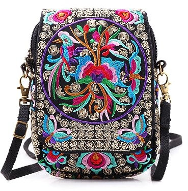 YeBon Boho ethnische Umhängetasche, Vintage bestickte Blume Geldbörse für Mädchen Hobo Crossbody Geldbörse Damen Canvas Tasche mit verstellbarem Riemen, Schwarz
