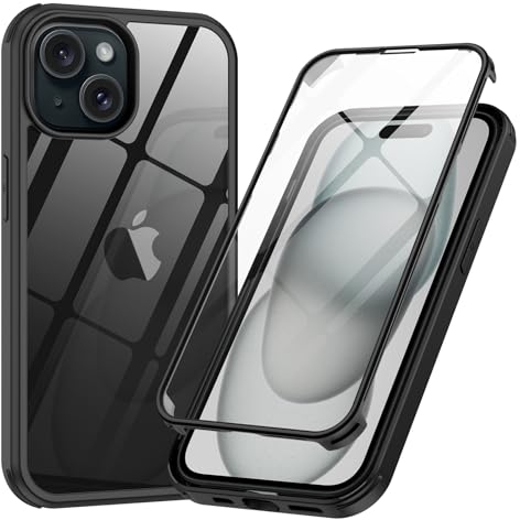 Phoneaura FÜR iPhone 15 360 Grad Hülle mit GLASSCHUTZ Komplettschutz, iPhone 15 Hülle für Vorne und hinten, iPhone 15 Schutzhülle mit Schutzglas für iPhone 15 Kameraschutz