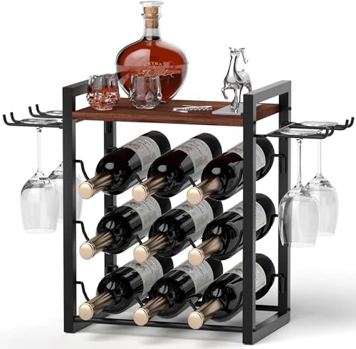 TIPSYTREE Estante de Vino para Encimera Con Bandeja - Soporte de Madera para 9 Botellas y 4 Copas - Independiente para Hogar, Cocina, Bar, Bodega