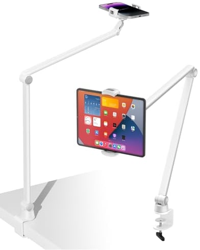 Viozon Overhead Phone Tablet Stand Holder Mount with Flexible Long Arm,3.5-13'' Devices, Height&Angle Adjustable, Heavy Duty, Bed Desk Mount Compatible with iPad iPhone for Vlog Photography, White