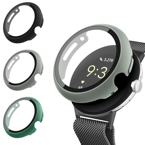 Vancle [3 Stück] Hülle für Google Pixel Watch 2/Google Pixel Watch mit PC Hard Schutzhülle und Hartglas Displayschutz - Rundum Schutz in Schwarz+Khaki+Grün