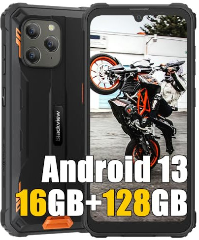 Blackview BV5300 Plus 16Go+128Go Telephone Portable Incassable, 1TB Expanded Android 13 Smartphone Débloqué, 6580mAh, 13MP+5MP, 6.1 HD+ Smartphone Etanche IP68, Dual 4G LTE/GPS/FM/OTG, Orange