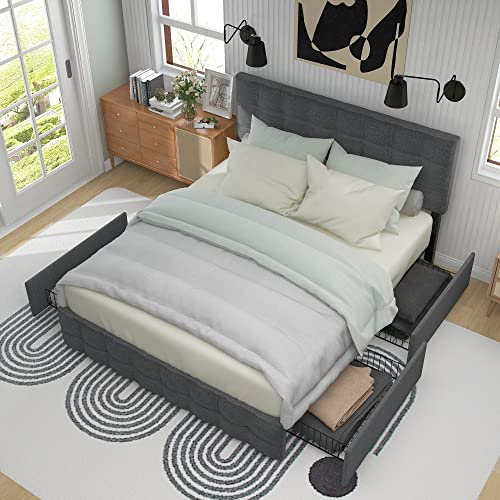 LATICO Doppelbett 140x200 cm, Polsterbett mit Kopfteil, StauraumBett mit 4 Schubladen, Bett mit Lattenrost und Metalllattenstütze, Kinderbett Jugendbett Gästebett, Leinenmaterial, Grau, Ohne Matratze