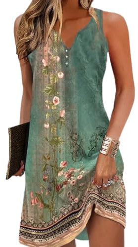 Yeenily Robe Décontractée à sans Manches Femme Col Rond Bohème Fleurie MiniRobe Robe Imprimé Lâche Court Robe(sans Manches-Vert,XL)