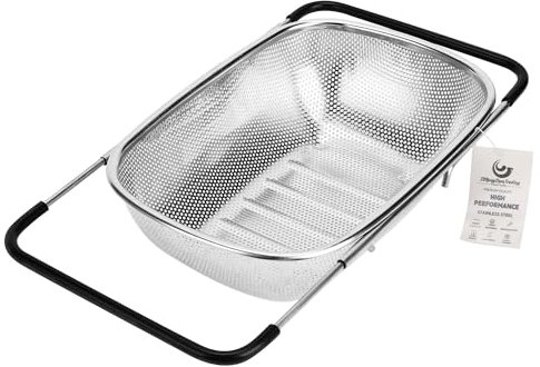 ZDRongZhen Kitchen Accessories Over the Sink Colander Strainer Basket，Stainless Steel Colander with Expandable Rubber Grip Sink Drainer-Rinse Vegetables Fruits &Strain&Drain (Medium-Dense round hole)