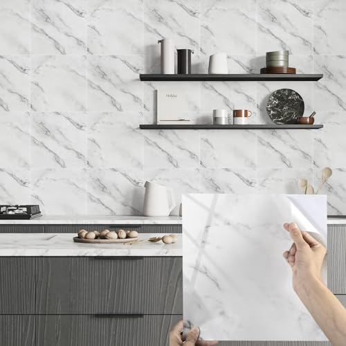 Alened Adesivi per piastrelle effetto marmo, 50 pezzi/30 x 30 cm, impermeabili, autoadesivi, bianchi, per cucina, bagno, decorazione per la casa