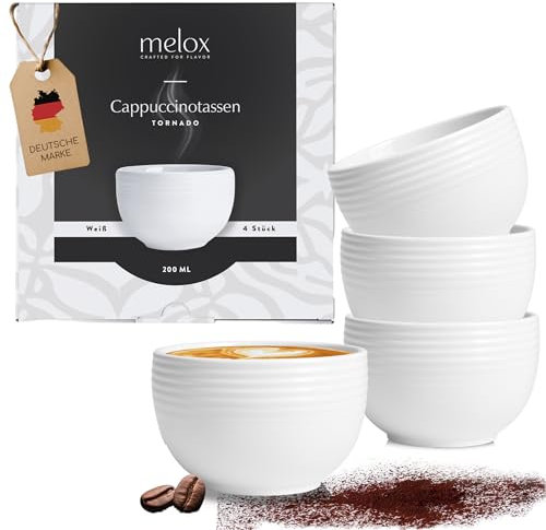 MELOX - 4er Set Cappuccino-Tassen Tornado-Line Porzellan Weiß - 4 x 200ml Kaffee Cappuccino & Macchiato - Kaffee-Becher dickwandig ohne Griff - Kaffee-Tassen Coffee Cup italienischen Design