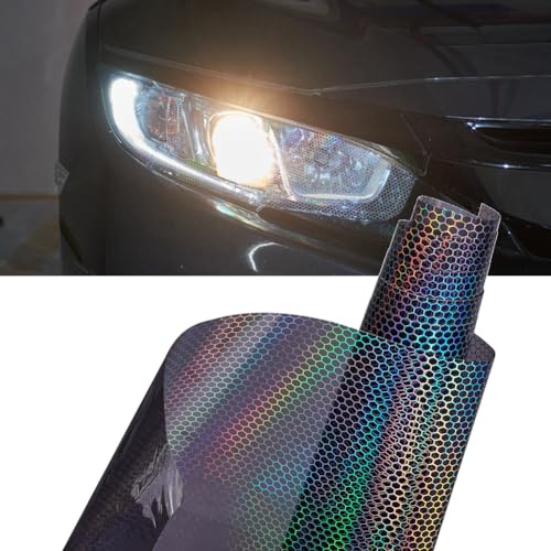 XhuangTech Auto Licht Tönung, Waben Autolicht Tönungsfolie mit Holografischem Regenbogeneffekt, Autolicht Aufkleber Farbwechsel Folie Selbstklebend für Scheinwerfer Rücklicht (Schwarz, 30 * 200 cm)