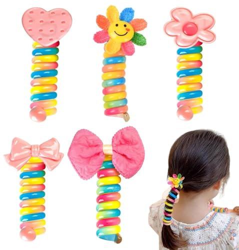5 pezzi Elastici Colorati per Capelli,elastici per capelli a spirale,elastici per capelli in plastica per Bambini,Fasce per Capelli in Filo di Telefono Intrecciato per coda di cavallo