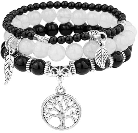 JUZICHEN 3 Pezzi Bracciali Boho Da Donna, Bracciale Yoga Da Donna 17-24cm, Bracciali In Pietra Naturale Con Ciondolo Dell'Albero Della Vita (Colore G)