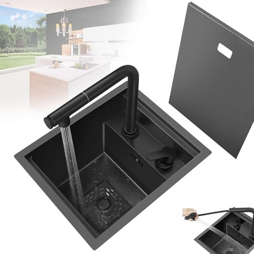 Lavello da cucina Lavabo da incasso in acciaio inox,Lavello Cucina 1 Vasca con rubinetto estraibile, Lavandino Cucina sottopiano,Lavello a scomparsa con copertura(L32cm x W43cm)