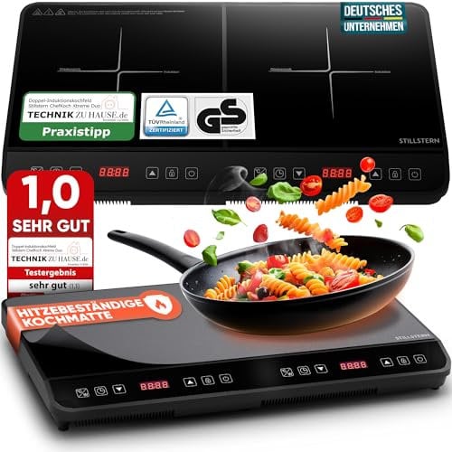 Stillstern Doppel-Induktionskochfeld | Doppel-Induktionskochplatte [3600W] mit Lautlos-Funktion & Turbo-Boost, 12-28cm, 18 Temperaturstufen & Leistungsstufen, 24h Timer, Kindersicherung, Touch