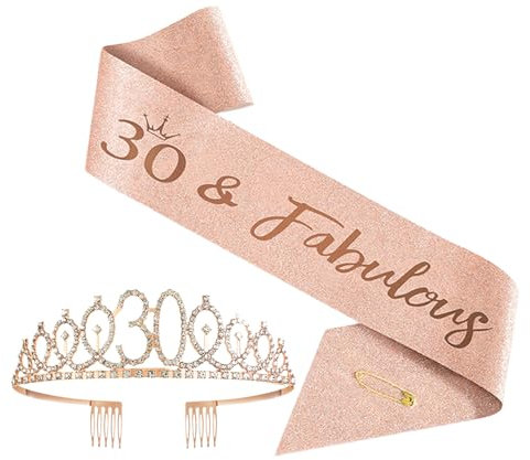 30th Birthday Sash, 30th Sash, 30th Birthday Tiara, Rose Gold 30th Birthday Sash for Women, Rhinestone Birthday Crown and Shoulder Strap, Birthday Sash, Birthday Queen Sash for 30th Birthday Party