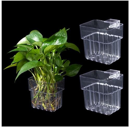 SLSON 3-Pack Transparent Aquarium Tank Plant Holders with Hooks, Hanging Clear Fish Tank Plant Pot Holder, Aquatic Organisms for Aquaculture Plant Decoration
