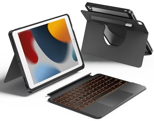 HOU Combo hülle mit Tastatur drehbar für ipad 9 Generation 10,2 Zoll & 8. Gen & 7. Gen Multi-Touch Trackpad, 7 Farben Hintergrundbeleuchtung,abnehmbar,Ultraleicht,Portrait/Landscape Modi,Schwar