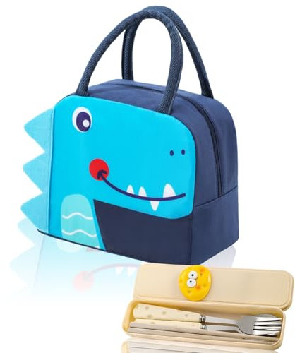 AYSYR Insulated Lunch Bags Kids, Waterproof Kids Lunch Bag, Reusable Boys Girls Lunch Bag, Cartoon Dinosaur Boys Girls Dinner Bags for School Portable with Cutlery, Suitable for Children's Day