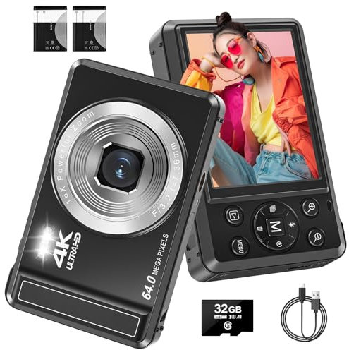Digital Camera, 4K 64MP Autofocus UHD Compact Cameras for photography and video - Rechargeable Vlogging Camera with 32GB Card, Battery, 16X Digital Zoom for Kids Beginners Teenagers
