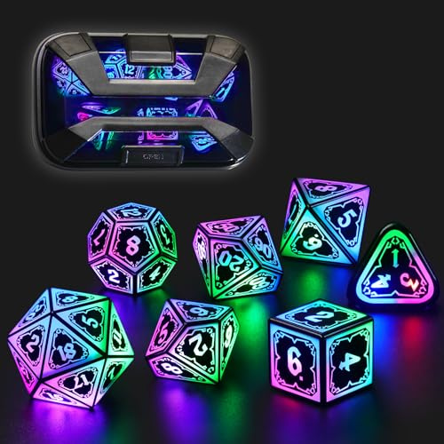 FONVGOGO Leuchtendes DND Würfel Set, Wiederaufladbar Coole LED DND Würfel 7-teilig mit Ladebox, Polyedrisches Dungeons and Dragons Würfelset für Rollenspiele Tischspiele (Astralsplitter Mischfarbe)