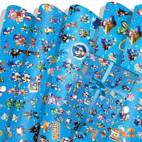 6 Sheets Game So-nic Wrapping Paper (Size 70cm X 50cm), Gift Wrap Paper Perfect for Birthday Party Christmas