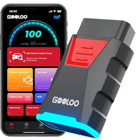 GOOLOO DS100 OBD2 Scanner, Voll-System Diagnosegerät für alle Fahrzeuge | Vollsystem-Diagnose per Bluetooth, 6 Service-Resets, Batterieprüfung, HUD, Kompatibel mit Allen OBD2-Fahrzeugen