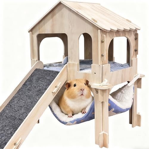Groß Meerschweinchen Haus mit Rampe Hängematte und Bett, Zweistöckiges zerlegbares Häuschen für Meerschweinchen Kaninchen Hamster Chinchillas