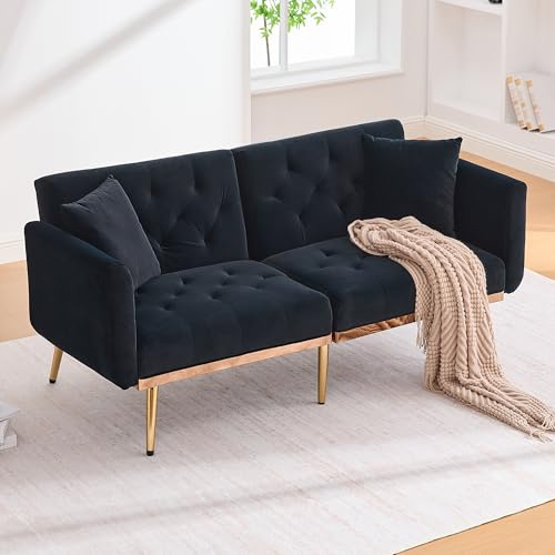 Arhatreya 2 Sitzer Sofa Gästesofa Modern Couch, 2er Sitzsofa mit Sofakissen und Verstellbarer Rückenlehne, Zweisitzer Polstersofa für Wohnzimmer Schlafzimmer Wohnung Gästezimmer, Samtstoff, Schwarz