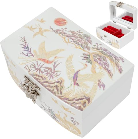 February Mountain Boîte à bijoux rose en nacre pour femme, fille, épouse, boucles d'oreilles, bracelets, bagues, montres, cadeaux d'anniversaire, de Noël pour femme (White_Crane)