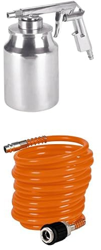 Einhell Pistolet de sablage à air comprimé pour compresseur (8 Bar Max, réservoir 1L, Levier de déclenchement Constant, raccord Inclus) + Tuyau Spirale 4m